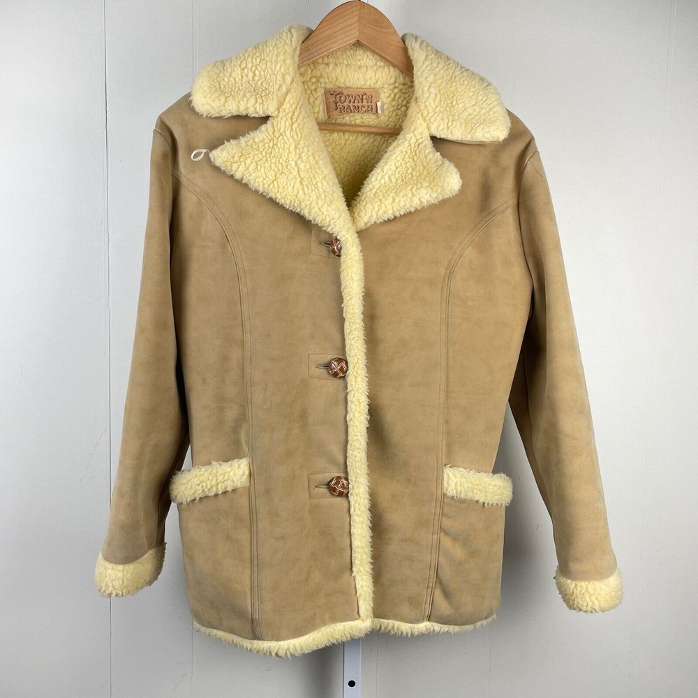 Vintage Town N Ranch Shearling Coat Vegan Vinyl Suede Faux Fur Womens Medium
